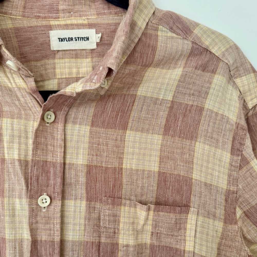 Taylor Stitch Cotton Linen Blend Men's Casual Plaid Shirt - Red and Cream